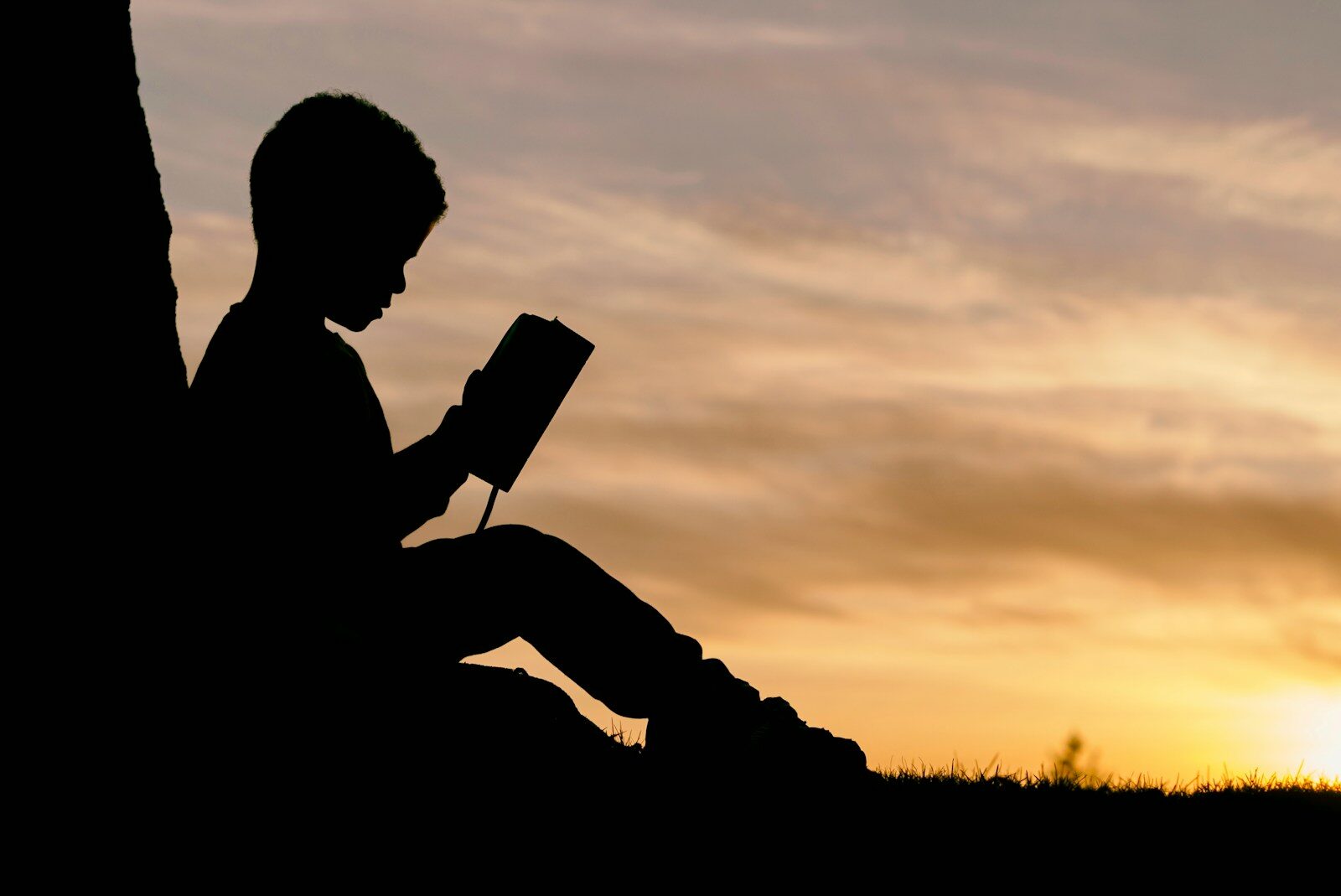 Photo by Aaron Burden silhouette of child sitting behind tree during sunset